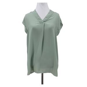H By Halston NWT Aqua Gray Split Neck Cap Sleeve Blouse Top Size Large